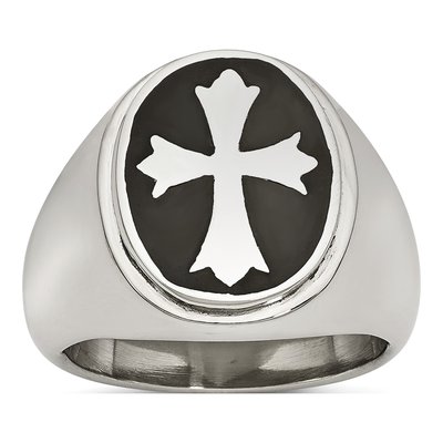 Men's Stainless Steel Black Enamel Cross Ring