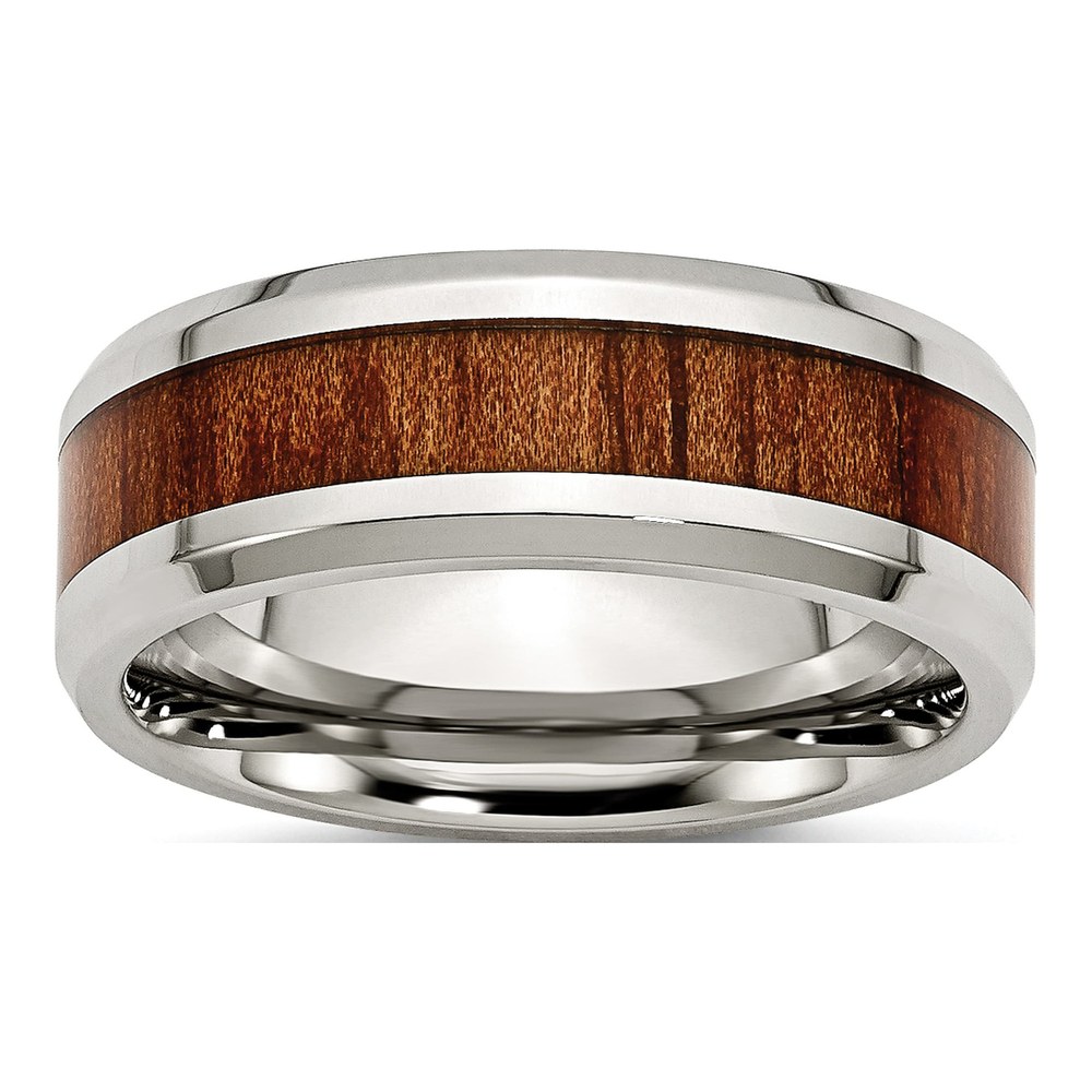 Stainless Steel 8mm Koa Wood Inlay Comfort-Fit Wedding Band