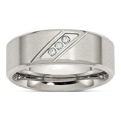 Stainless Steel CZ Beveled Wedding Band