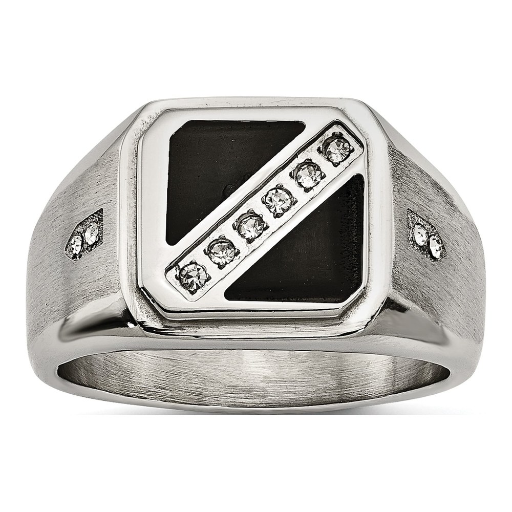 Chisel Stainless Steel Brushed And Polished With Black Enamel Cz Ring