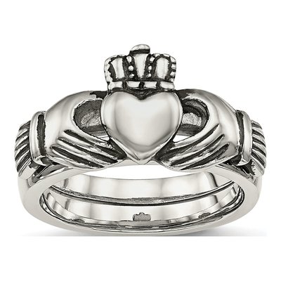 Stainless Steel Antiqued Claddagh Hinged Ring
