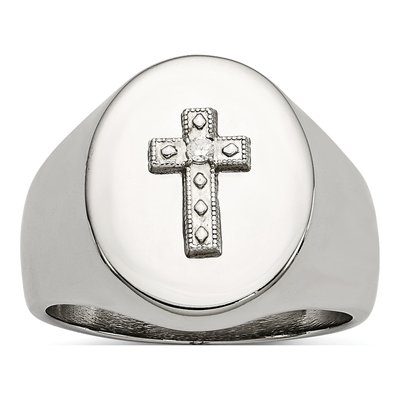 Men's Stainless Steel CZ Cross Signet Ring