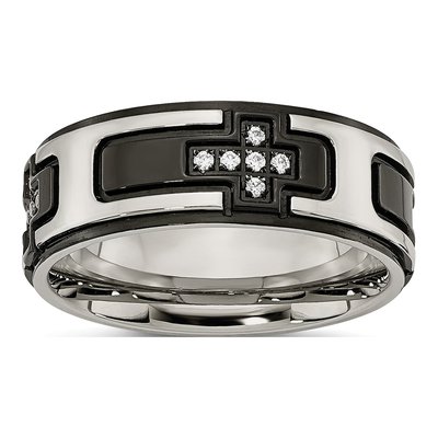 Black Stainless Steel CZ Cross Wedding Band