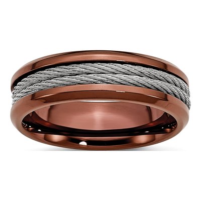 Stainless Steel 7mm Brown IP Ridged Comfort-Fit Wedding Band