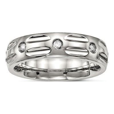 Stainless Steel CZ Grooved Wedding Band