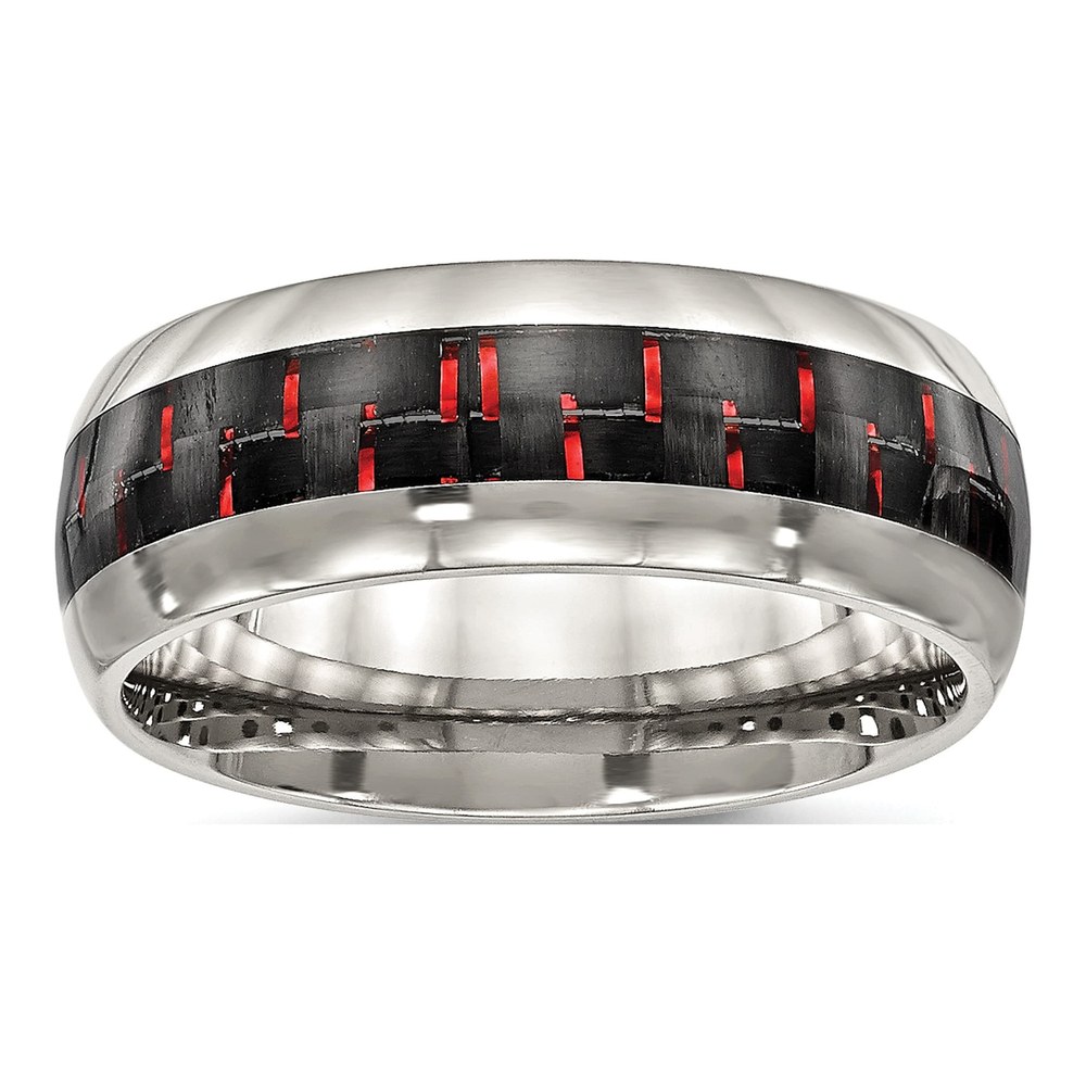 Stainless Steel 8mm Black Red Carbon Fiber Wedding Band