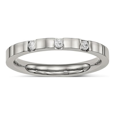 Stainless Steel CZ 3-Stone Flat Wedding Band
