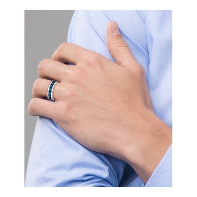 Stainless Steel 7mm Blue IP Checkered Comfort-Fit Wedding Band – view 8
