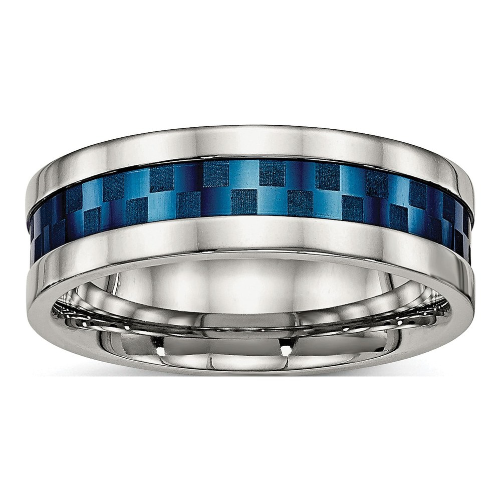 Stainless Steel 7mm Blue IP Checkered Comfort-Fit Wedding Band