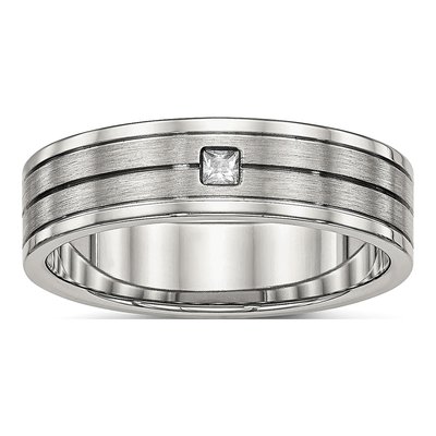 Stainless Steel CZ Grooved Wedding Band