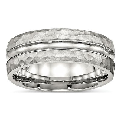 Stainless Steel 7.5mm Hammered Grooved Wedding Band