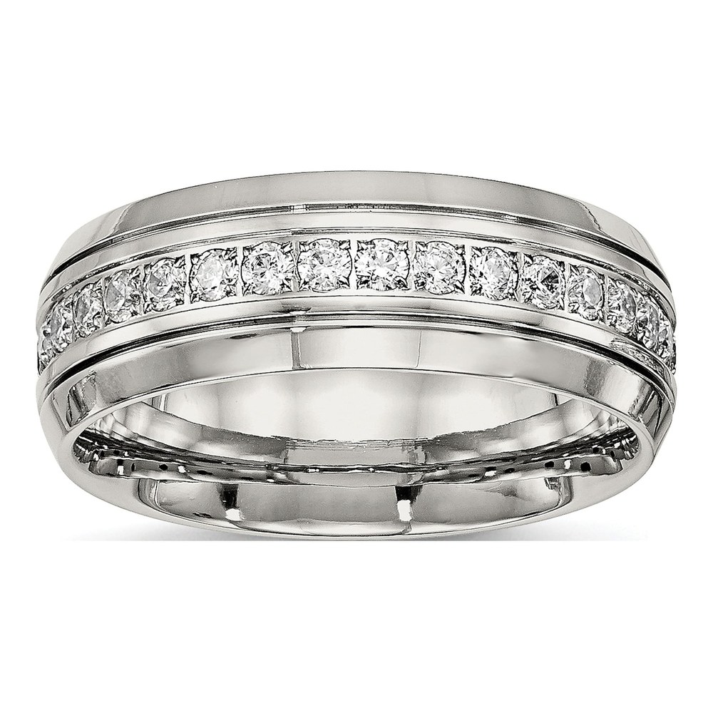 Stainless Steel CZ Grooved Wedding Band