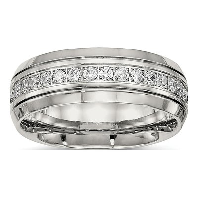 Stainless Steel CZ Grooved Wedding Band
