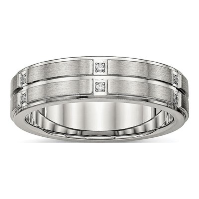 Stainless Steel CZ Ridged Wedding Band