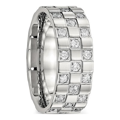 Stainless Steel CZ Checkered Flat Wedding Band – view 5