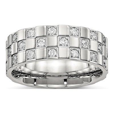 Stainless Steel CZ Checkered Flat Wedding Band