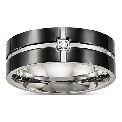 Black Stainless Steel CZ Grooved Wedding Band