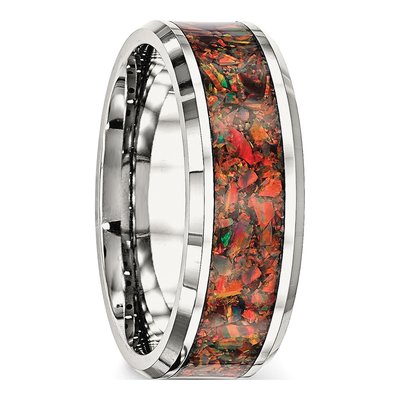 Men's Stainless Steel Lab-Created Opal Inlay Wedding Band – view 5