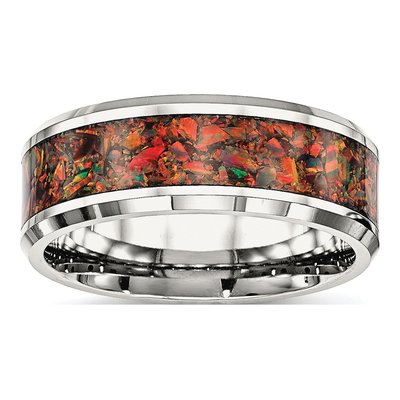 Men's Stainless Steel Lab-Created Opal Inlay Wedding Band