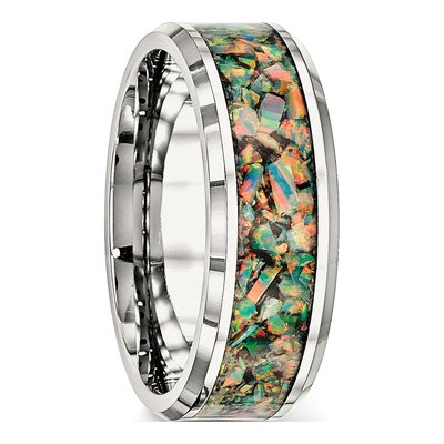 Men's Stainless Steel Lab-Created Opal Wedding Band – view 4
