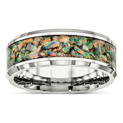 Men's Stainless Steel Lab-Created Opal Wedding Band