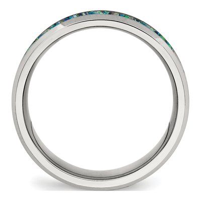 Stainless Steel Lab-Created Opal Inlay Wedding Band – view 2