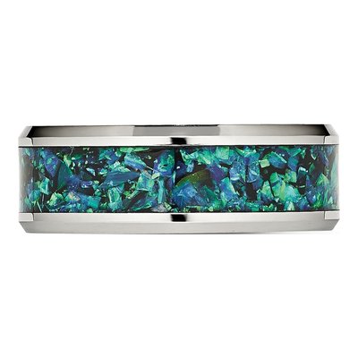 Stainless Steel Lab-Created Opal Inlay Wedding Band – view 3