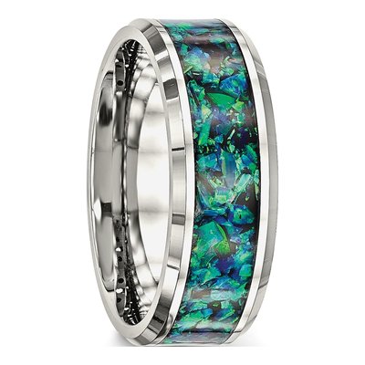 Stainless Steel Lab-Created Opal Inlay Wedding Band – view 4