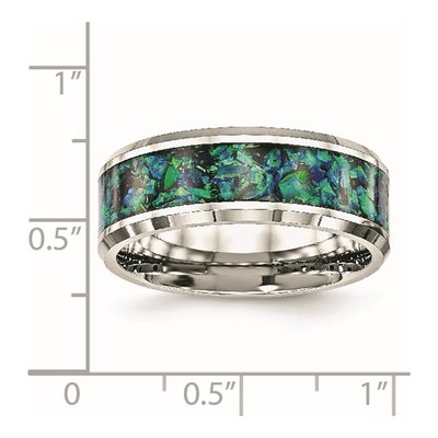 Stainless Steel Lab-Created Opal Inlay Wedding Band – view 6