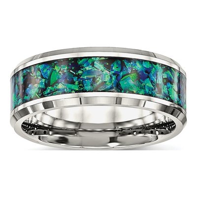 Stainless Steel Lab-Created Opal Inlay Wedding Band