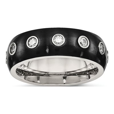Black Stainless Steel CZ Half Round Wedding Band