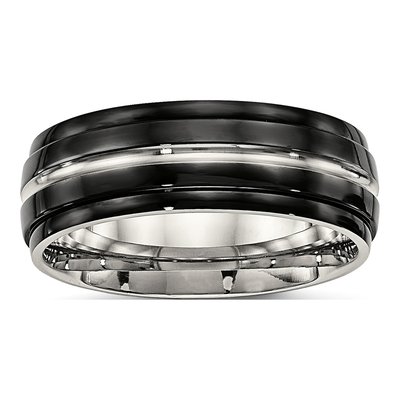 Black Stainless Steel 8mm Ridged Wedding Band