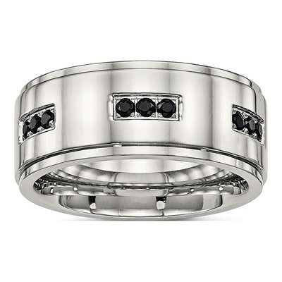 Stainless Steel CZ Ridged Wedding Band