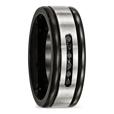 Black Stainless Steel CZ Grooved Wedding Band – view 6
