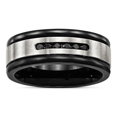 Black Stainless Steel CZ Grooved Wedding Band