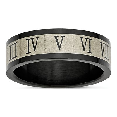 Black Stainless Steel 7mm Roman Numeral Wedding Band