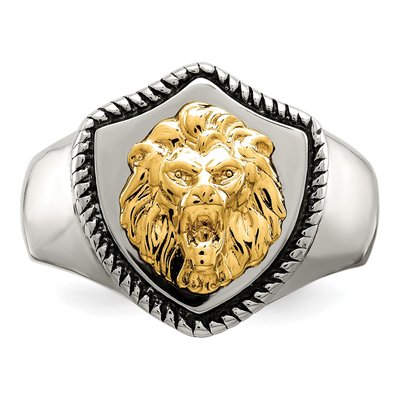 Men's Stainless Steel & 14K Gold Lion on Shield Ring – view 5