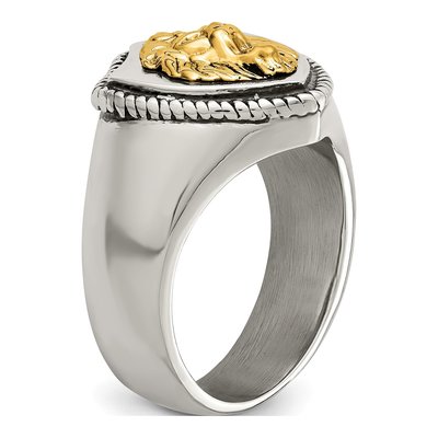 Men's Stainless Steel & 14K Gold Lion on Shield Ring – view 7