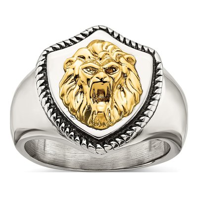 Men's Stainless Steel & 14K Gold Lion on Shield Ring