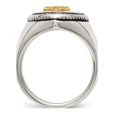 Men's Stainless Steel & 14K Gold Cross on Shield Ring – view 3