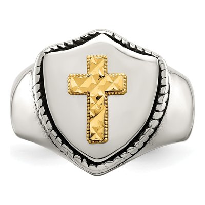 Men's Stainless Steel & 14K Gold Cross on Shield Ring – view 5