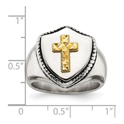 Men's Stainless Steel & 14K Gold Cross on Shield Ring – view 7