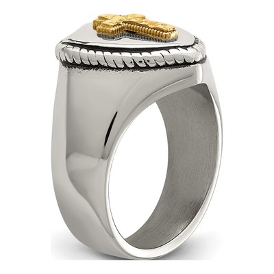 Men's Stainless Steel & 14K Gold Cross on Shield Ring – view 8