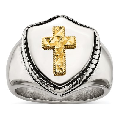 Men's Stainless Steel & 14K Gold Cross on Shield Ring
