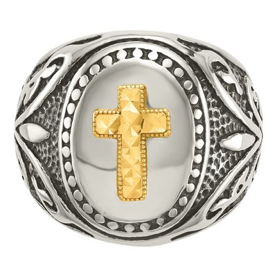 Men's Stainless Steel & 14K Gold Cross Ring – view 6