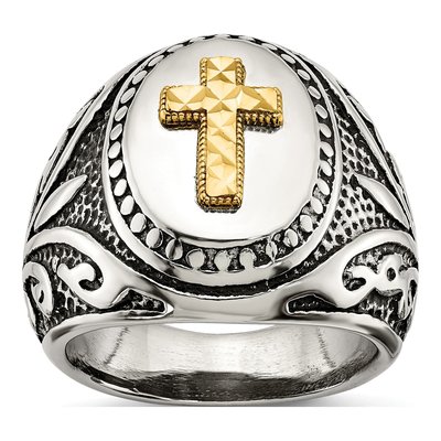 Men's Stainless Steel & 14K Gold Cross Ring