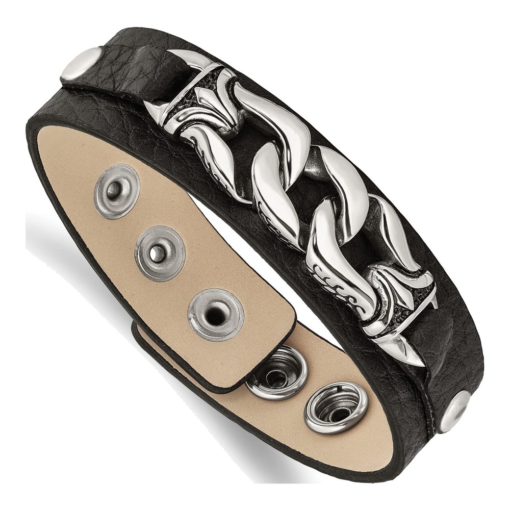 Men's Stainless Steel Black Leather Bracelet