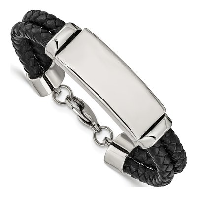 Stainless Steel Black Leather ID Bracelet