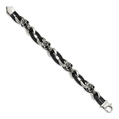 Stainless Steel Skulls Roses Leather Bracelet – view 4