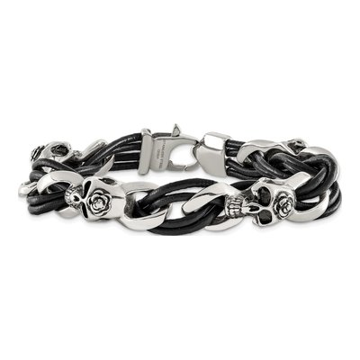 Stainless Steel Skulls Roses Leather Bracelet – view 5